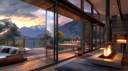 Fototapeta premium mountain home where the entire living room wall retracts