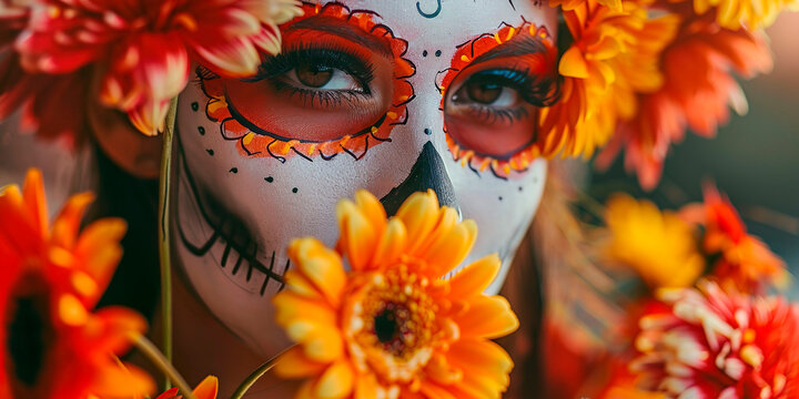 Woman dressed as catrinas holding orange flowers, celebrating Day of the Dead in Mexico