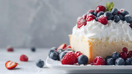 Delicious vanilla pound cake served with fresh berries and whipped cream on a gray concrete background Selective focus copy space : Generative AI