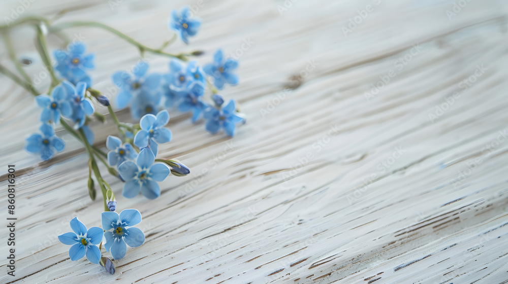 Aufkleber forgetmenots on a light wooden background selective focus spring mood copy space : generative ai