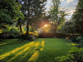 Fototapeta premium A sunny day in a backyard with trees and grass.