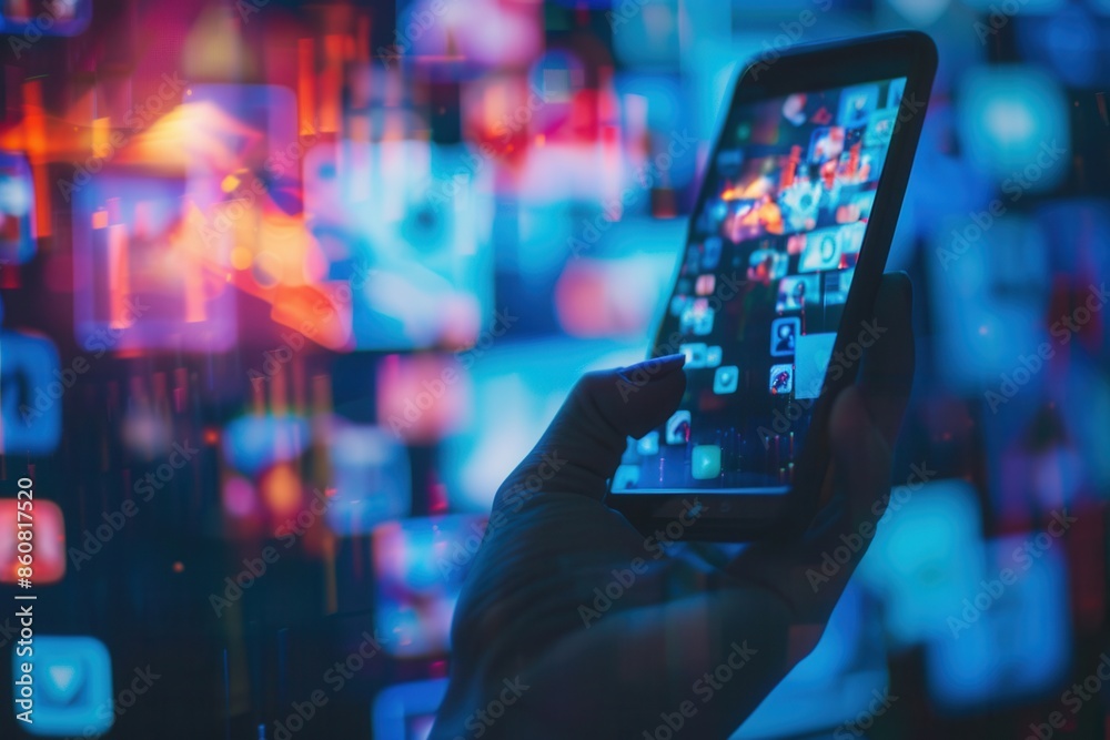 Poster a hand holds a smartphone displaying a social media news feed, with a blurred background of colorful