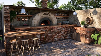 rustic outdoor kitchen with a pizza oven built from bricks, complete with a wooden counter and bar stools