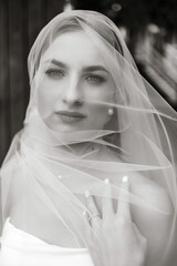 A woman is wearing a veil and has her hand on her hip. She is wearing a white dress and has a ring...