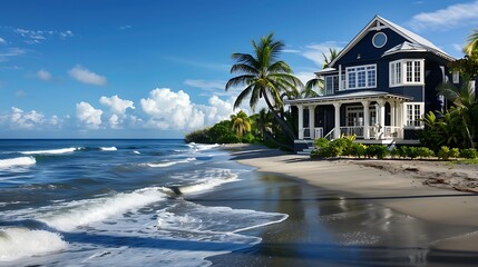seaside villa with a dark navy exterior, white trim, and a private beachfront, where the sound of waves complements the peaceful ambiance