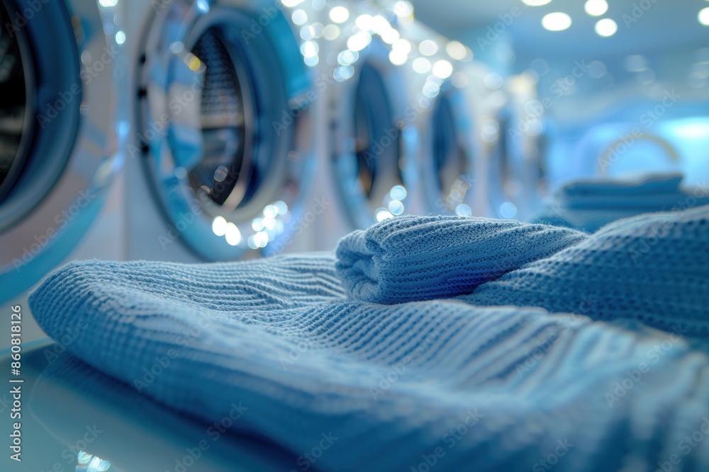 Poster a close-up of neatly folded blue towels sitting in front of washing machines in a laundromat. genera