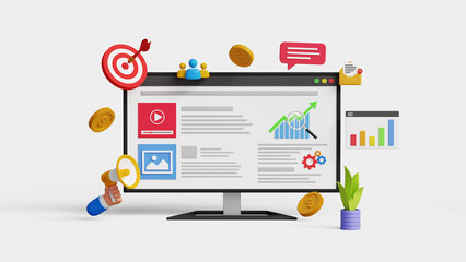 Digital marketing or advertising, data analysis concept. 3d computer with social network and media communication