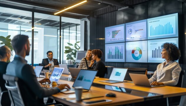 Team meeting in conference room with presentation screen