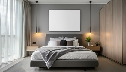 Modern bedroom with a blank mockup frame on a grey wall, sleek furniture, and sophisticated lighting