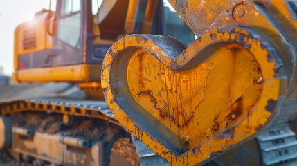 Realistic yellow construction shovels morphed into a heart shape at a construction site, abstract large metal excavator bucket handles interlocking creating a heart motif, concept for Valentine's Day
