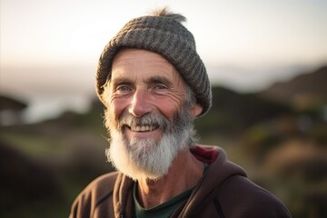 Portrait of a senior man with grey beard and hat at sunset