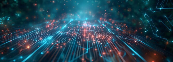 Fototapeta premium 19. Generate a digital labyrinth of interconnected nodes and pathways, pulsating with energy and illuminated by glowing circuits against a dark, digital void.