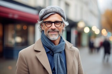 Obraz premium people, style and fashion concept - senior man in beret and eyeglasses over city street background