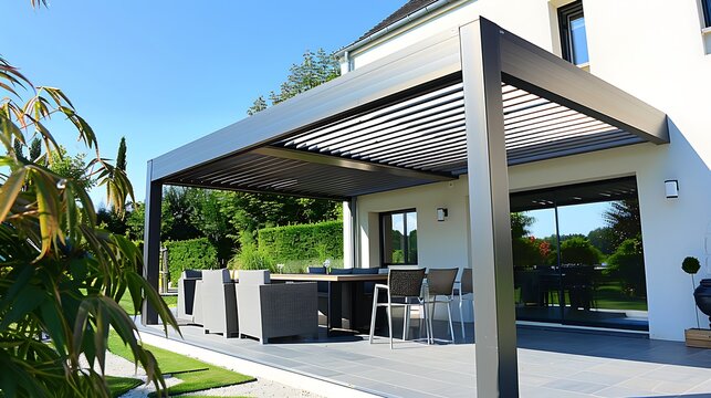 sleek, modern pergola with adjustable louvers, perfect for controlling sunlight and shade in a minimalist garden setting