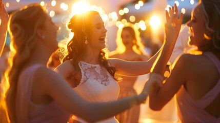 Happy bridesmaids dancing at wedding reception : Generative AI