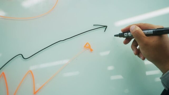 Close up businessman hand writing success plan 2024 with black marker on dry erase wipe board. Group Team of business people meeting conference discussion various topic corporate concept in office.