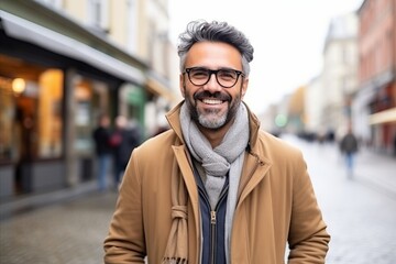 Fototapeta premium Portrait of a handsome middle-aged Indian man wearing a coat, scarf and glasses smiling at the camera while walking on a city street.