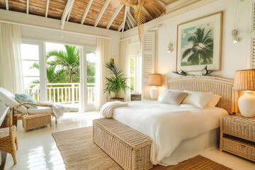 A beach house bedroom with light colors, wicker furniture, and sea-themed decor.