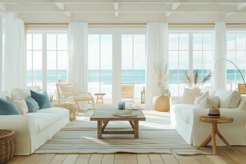 Fototapeta premium A beach house living room with light colors, nautical decor, and ocean views.