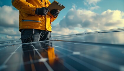 A worker performs a routine inspection of a row of solar panels, recording the results on a clipboard
