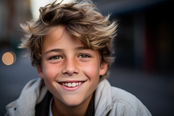 Portrait of a smiling boy in the city. Shallow depth of field