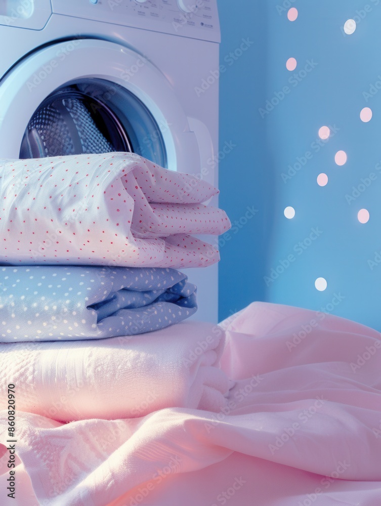 Poster A white washing machine sits in a blue room with a stack of folded laundry on top of it. The laundry is neatly folded and appears clean. Generative AI