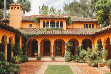 Fototapeta premium A Mediterranean-style villa with terracotta roof tiles, arches, and a courtyard.