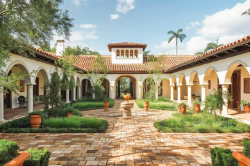 Fototapeta premium A Mediterranean-style villa with terracotta roof tiles, arches, and a courtyard.