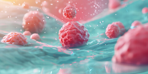 A close-up of cells and swirling particles, with red cells representing cancerous cells in the body against a blue background