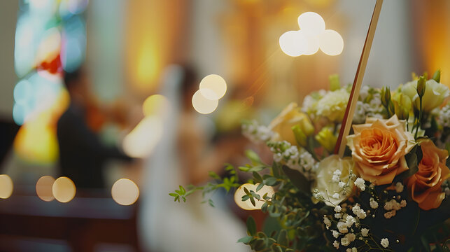 Bride bouquet on cushion with out of focus background musicians group perform in church in traditional wedding ceremony : Generative AI