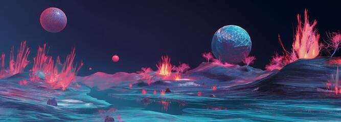 Obraz premium 27. Generate a virtual reality-inspired abstract environment with glitched geometric shapes and digital artifacts, set in a surreal, pixelated landscape.