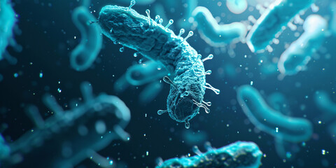 A close-up of blue bacteria in an animated style, with a blurred background
