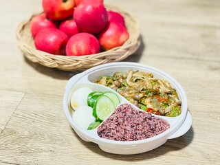 On the dining table full of healthy food