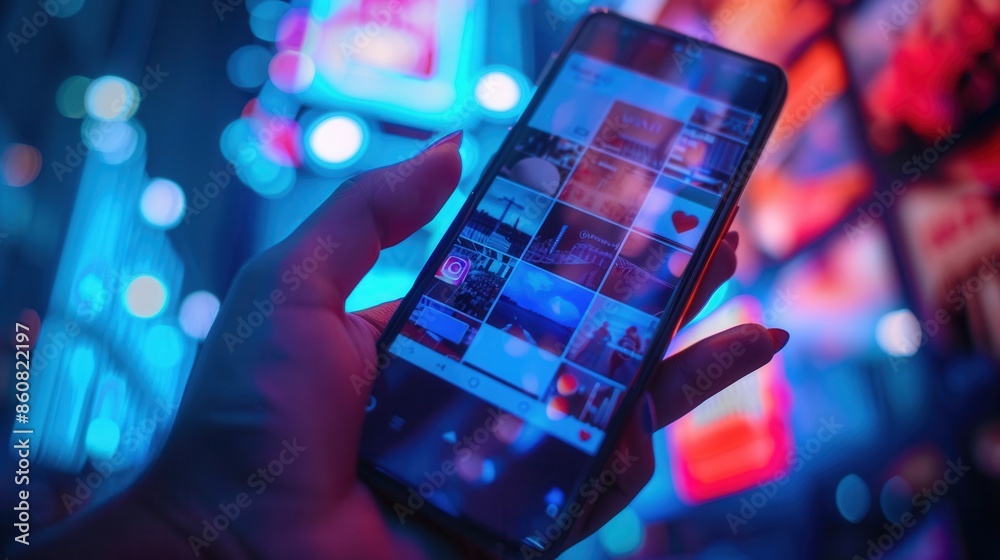 Aufkleber hand holds smartphone showing social media feed with images/videos. background has vibrant neon ligh