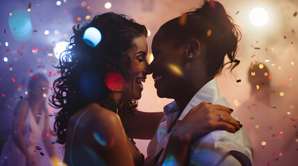 Happy lesbian couple enjoying while dancing amidst family and friends during wedding celebration : Generative AI