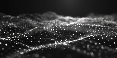 Black background, white dots in the shape of waves, dots connected by lines, digital technology