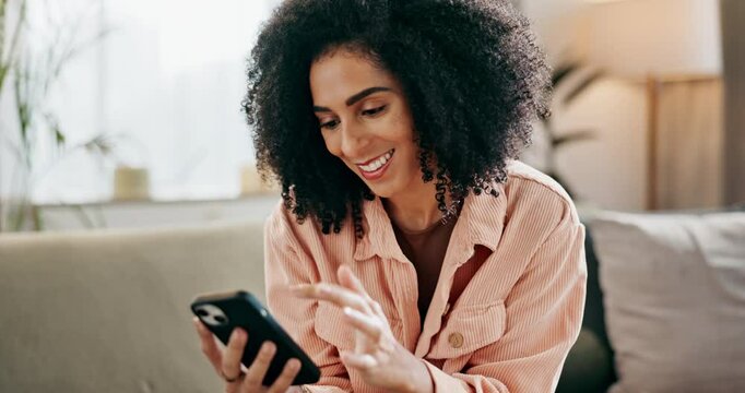 Woman, home and sofa and typing with smartphone, communication and browse on social media or smile for post. Website, online conversation and update blog on internet, apartment and scrolling or relax