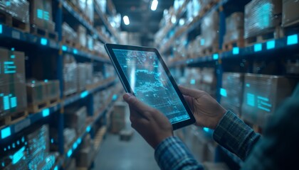 A person analyzing data using ai technology for shipping with warehouse background