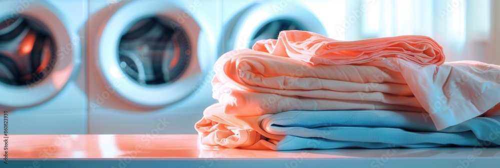 Aufkleber A stack of neatly folded clean laundry rests on a countertop in a laundry room. Two washing machines are in the background. Generative AI