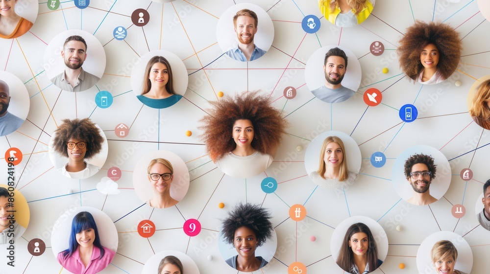 Fototapete An image depicting a diverse group of people connected through a social media network, emphasizing the power of community and inclusivity. Generative AI