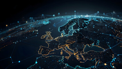 Digital map of Western Europe with bright, emphasizing the concept of European network connectivity and modern inform