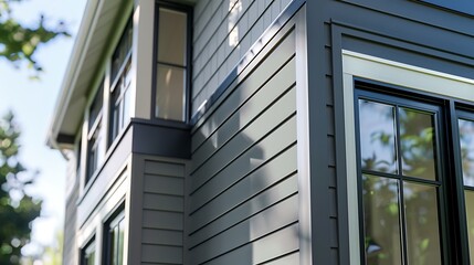 Fototapeta premium close-up of a home's corner showing how James Hardie siding seamlessly blends with modern windows and doors