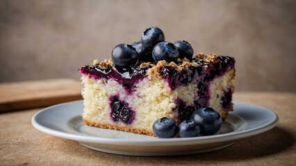 Blueberry coffee cake piece with fresh blueberries on top on a plate with a simple background