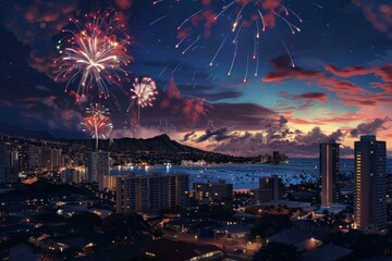  Fireworks display over Honolulu skyline during evening celebration with Diamond Head in background
