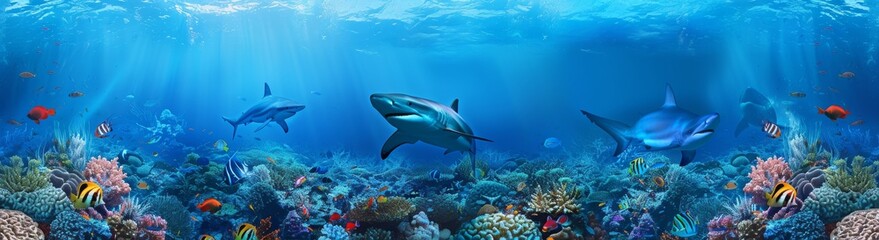 Fototapeta premium A picture of a beautiful coral reef with tropical fish. Whale sharks, Hammerhead sharks, Zebra sharks, and sea turtles were spotted here.