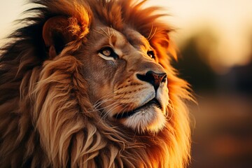 Naklejka premium A male lion exuding strength and authority, with a regal mane and piercing golden eyes. The blurred background adds mystery, ideal for creative projects