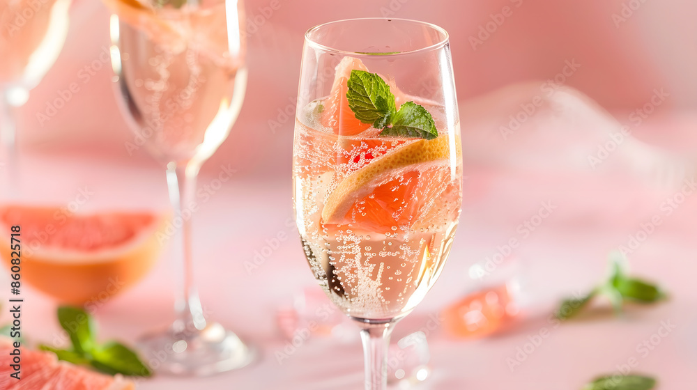 Poster champagne rose sparkling wine or paloma cocktails in crystal glasses on pink background with pieces 