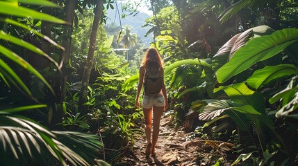 Captivating view of a winding pathway through a lush vibrant jungle filled with diverse tropical vegetation and foliage  This image represents the beauty and tranquility of sustainable eco tourism