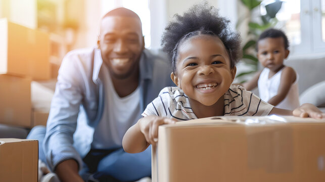 Cheerful African American father and son smiling and bonding while packing and unpacking cardboard boxes together in their home during a household relocation or moving process  Family lifestyle