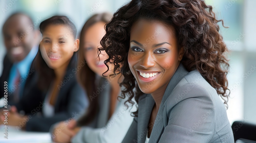 Sticker happy female executive with co-workers 